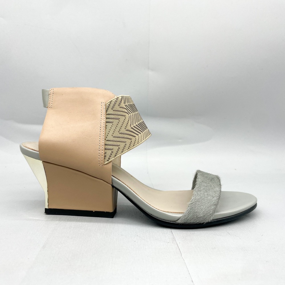 United Nude Womens 39 Raiko Mid Heel Sandals Tan Grey Calf Hair Architectural